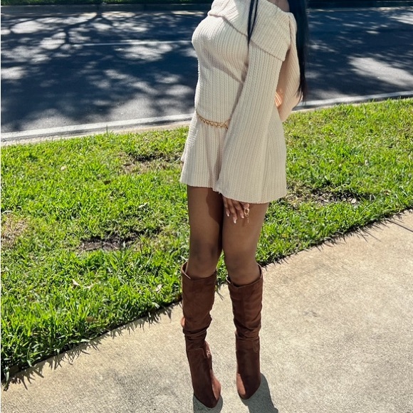 Pretty beige off the shoulder sweater dress. - Picture 1 of 3